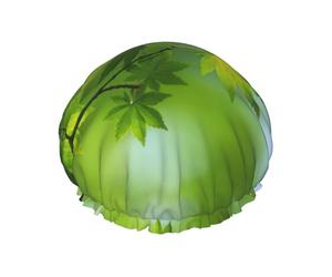 Shower Hd Green Nature Print Cap For Women Reusable Waterproof, Double Layered Shower Hair Cap With Elastic Strap,One Size