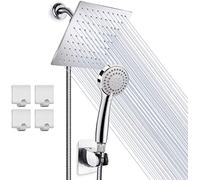 Shower Head Set, High Pressure 8'' Rainfall Stainless Steel Shower Head/Handheld Combo with 60'' Hose Anti-Leak Shower Head with Holder, Flow Regulator, Chrome, 4 Shower Hooks (Sliver)