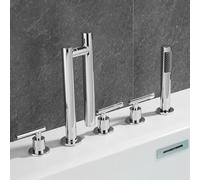 Shower Head Set, Shower Mixer Tap Chrome 5 Hole Bath Tap Set Deck Mounted Bath Mixer Tap Foldable Mixer Tap Double Lever Mixer Tap,Chrome LWX