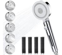 Shower Head with 3+1Pcs Filter, Shower Head High Pressure with 5 Mode, Water Softener Handheld Showerhead with On/Off Button and Activated Charcoal Fiber Filter, for Hair Wash Baby Dog, Chrome Silver