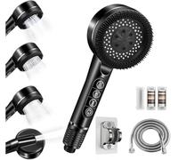 Shower Head with Filter,High Pressure Shower Head with 4 Jet Modes,Power Shower Heads with ON/Off Switch,Hard Water Filter Shower Head and Hose&Stand,Shower Filter for Chlorine Remove,Black