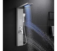 Shower Mixer Bar LED Tower Shower Panel 6-Function Shower System: Rain & Mist, Waterfall, 2 Body Massage Jets, Handset, Bath Spout - Matt Black Stainless Steel - Bath Mixer Taps with Shower