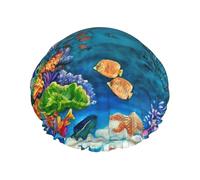 Shower Ocean Sea Turtle Tropical Fish Starfish Print Cap For Women Reusable Waterproof, Double Layered Shower Hair Cap With Elastic Strap,One Size