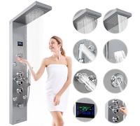 Shower Panel Tower System with Rainfall Waterfall Head and Adjustable Massage Body Jets LED Celsius Temperature Display Handheld Sprayer Stainless Steel Nickel and Chrome Wall Mount Shower Panels