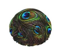 Shower Peacock Feather Print Cap For Women Reusable Waterproof, Double Layered Shower Hair Cap With Elastic Strap,One Size