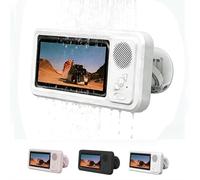 Shower Phone Holder with Wireless Bluetooth Speaker, IPX4 Waterproof Wall Mount with 360° Rotation & Anti-Fog for Bathroom, 60° Fixed Opening Angle, Waterproof Case Holder for Any Phone (white)