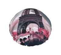 Shower Pink Landscape Eiffel Tower Print Cap For Women Reusable Waterproof, Double Layered Shower Hair Cap With Elastic Strap,One Size