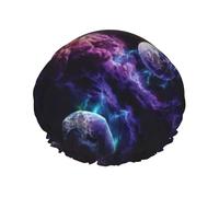 Shower Planet Print Cap For Women Reusable Waterproof, Double Layered Shower Hair Cap With Elastic Strap,One Size