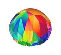 Shower Rainbow Geometric Print Cap For Women Reusable Waterproof, Double Layered Shower Hair Cap With Elastic Strap,One Size