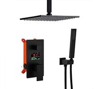 Shower Set Black Brass Ceiling Mounted LED Digital Display Bathroom Rain Mixer Shower Set with 10-12 Inch Square Rainfall Shower Head and Handheld Shower, Luxury Shower System,10 Inch