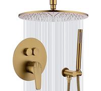 Shower Set Brushed Gold Push Button Diverter Ceiling Mounted 10-12 Inch Brass Round Rainfall and Handheld Shower Trim Kit with Valve, Luxury Shower Systems,10 Inch