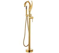 Shower Set Freesding Bathtub Faucet with Handheld Shower, Floor Mount Swan Shape Tub Filler Faucet Single Handle Brass Tub Faucet Set with Shower Diverter,Gold