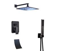 Shower Set LED Shower System Brass Rain Mixer Shower Faucet Set Wall Mounted Multifunction Shower Combo Set with Handheld Shower, Square Rain Shower Head, Tub Spout, Black Bronze,8 Inc