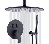 Shower Set, Matte Black Brass 10-12 Inch Ceiling Mounted Round Rainfall and Handheld Shower Head Set with Push Button Diverter, Luxury Shower Systems,10 Inch