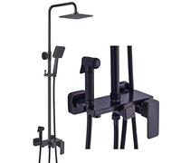 Shower Set Retro Shower Set Black Gold-Plated Shower System with Brass Shower Faucet Shattaf Stainless Steel Body ABS Square Shower Head Handheld Spray Shower Hose Thermostatic Bat
