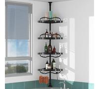 Shower Shelf No Drilling 137-289 cm 4-Tier Adjustable Telescopic Shower Shelf Corner, Shampoo Holder for Shower and Bathtub, Bathroom Kitchen Corner Shelf, Black