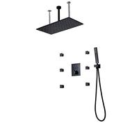 Shower Side Spray Massage Set 300mm Square Ceiling Shower Head Set with Concealed Twin Thermostatic Shower Diverter Valve and 6 Body Jets - Black Bronze Bath