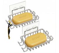 Shower Soap Holder, Bar Soap Holder for Shower Wall with 4 Hooks, Stainless Steel Adhesive Soaps Dish for Bathroom, Silver