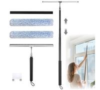 Shower Squeegee with Long Handle - Extendable from 13" to 48", Includes 2 Towel Sleeves, Replacement Silicone Blade & Wall Hook, 14-Inch Wide Blade for Glass, Mirrors, Windows & Tile Walls (Black)