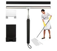 Shower Squeegee with Long Handle - Includes Replacement Silicone Blade, Extendable 13" to 48", 14" Wide for Glass, Mirrors, Windows, Bathroom Tiles & Walls, Telescopic Wiper with Hooks (Black)