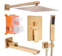 Shower System 10 Inch Brass Faucet Set with Valve and Diverter Shower Faucet with Handheld Shower High Pressure Square Rain Shower Coarse Valve (Brushed Gold, 12")