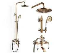 Shower System Antique Brass Complete Set Retro Gold Vintage Ceramic Style Shower Set with Fixture with 8 Inch Rain Shower Hand Shower Head Bath Spout Height Adjustable 70~120cm