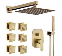 Shower System, Bathroom Brass Brushed Gold 12 Inch Rainfall Shower System With 6 Pcs Body Jet Mixer Set, System Luxury Shower Set