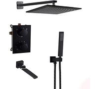 Shower System, Black Brass Concealed Wall Mounted 8-12 inch Brass Rain Shower Head Bathroom Shower Thermostatic Mixing Valve Switch Valve with Tub Taps Luxury Shower Set,10 Inch LWX