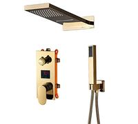 Shower System, Black Luxury Shower Mixer Kit Digital Display Wall Mounted Rain Waterfall Faucet Rotate Handshower Column Panel(Golden)