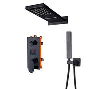 Shower System, Black Luxury Shower Mixer Kit Digital Display Wall Mounted Rain Waterfall Faucet Rotate Handshower Column Panel(Matte Black)