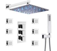 Shower System, Brass 10-12 Inch Wall Mounted Chrome LED Rain Shower Head System with Thermostatic Mixer Valve and 6 Massage Body Sprays and Handheld Shower Combo Set,12 Inch