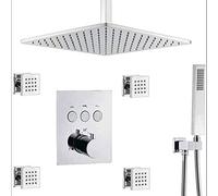 Shower System, Brass Chrome 10-12Inch Ceiling Rain Shower System with 4 pcs Body Spray Jets and Handheld Thermostatic Mixer Bathroom Luxury Shower Set,10 Inch