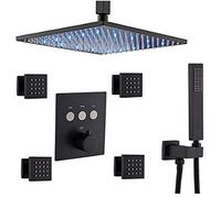 Shower System, Brass Matte Black Thermostatic Shower Jets System with 10-12 Inch LED Rain Shower Head and Handheld Bathroom Ceiling Mount Luxury Shower Set,10 Inch