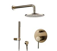 Shower System Brushed Gold Brass Luxury Rain Mixer Shower Faucet Set Wall Mounted Multifunction Shower Combo Set with Handheld Shower, Round Rain Shower Head,8 Inch