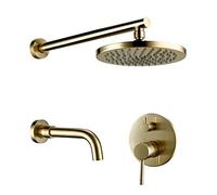 Shower System, Brushed Gold Brass Wall Mount Bathroom Shower Faucet Set with 8-12 Inch Brass Round Rainfall Shower Head and Tub Taps, Luxury Shower Set,12 inch