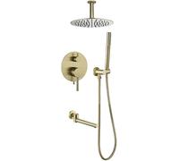 Shower System, Ceiling Mounted Brushed Gold Bathroom Rain Mixer Shower Taps Set with 8-12" Stainless Steel Round Rainfall Shower Head and Handheld Shower and Tub Taps, Luxury Showe