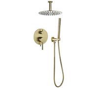 Shower System, Ceiling Mounted Brushed Gold Bathroom Rain Mixer Shower Taps Set with 8-12" Stainless Steel Round Rainfall Shower Head and Handheld Shower, Luxury Shower S