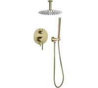 Shower System, Ceiling Mounted Brushed Gold Bathroom Rain Mixer Shower Taps Set with 8-12" Stainless Steel Round Rainfall Shower Head and Handheld Shower, Luxury Shower Set,12 inch