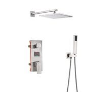 Shower System Concealed Brushed Nickel Shower Faucet Temperature Display Shower Combo Set with Handheld Sprayer and Square Rain Shower Head Tub and Shower Trim Kit,Type A,8 Inches
