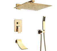 Shower System Concealed Shower Mixer Set Wall Mounted Brass Shower Faucet Set with Hand Shower and Rainfall Shower Head Advanced Air Injection Technology Gold Finish,12 Inch