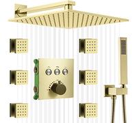 Shower System Head 12 Inch Wall Mount Tap Faucet Set Complete Rain with 6 Body Sprays Solid Brass Thermostatic Valve Can Use All Options at A Time LWX