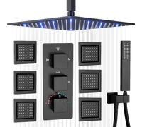 Shower System Head 12" LED Rain Mixer Faucets Combo Set Ceiling Mounted Thermostatic Solid Brass Rainfall with 6 PCS Embedded Body Sprays and Hand Matte Black LWX