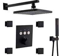 Shower System Head Bilu-Hose Thermostatic Brass Black Finish Rectangular 12 x 8 Inch Rainfall with 4 PCS Body Jets Mixer Set LWX