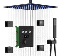 Shower System Head Black Faucet Set with Temperature Display Function 12 Inch Rainfall with 4 PCS Body Jets Handheld Thermostatic Fixtures in Wall Can Work Together LWX