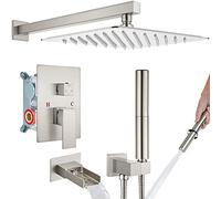 Shower System Head Brushed Nickel Bathroom Rainfall 10 Inch with 2 in 1 Function Handheld Spray Wall Mount Waterfall Tub Spout Combo Set Rough-in Valve 3 Function Mixer Faucet LWX