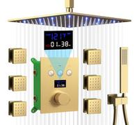 Shower System Head Brushed Nickel Thermostatic Full Body Rain Temperature Display Faucets Sets 12 Inch LED Rain Ceiling with 6PCS Body Spray Can Run Together LWX