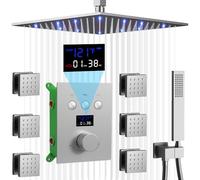 Shower System Head Brushed Nickel Thermostatic Full Body Rain Temperature Display Faucets Sets 12 Inch LED Rain Ceiling with 6PCS Body Spray Can Run Together LWX