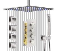 Shower System Head Ceiling Mount Thermostatic with Body Jets 12" Rainfall Fauce Set with Mixer Valve and Handheld Brass Combo Kit Can Use All Functions at a Time LWX