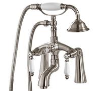 Shower System Head Deck Mount Brushed Nickel Bathtub Faucet 2 Hole 6 Inch Center with Handheld Clawfoot Tub Filler Double Lever Handle Mixer Tap Telephone Shape Set LWX