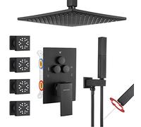 Shower System Head Faucet Set Matte Black,Push Button Diverter Faucet with 2 in 1 Handheld,Ceiling Mount 10 Inch with 4 PCS Dual Modes 2 Inch Body Jets LWX